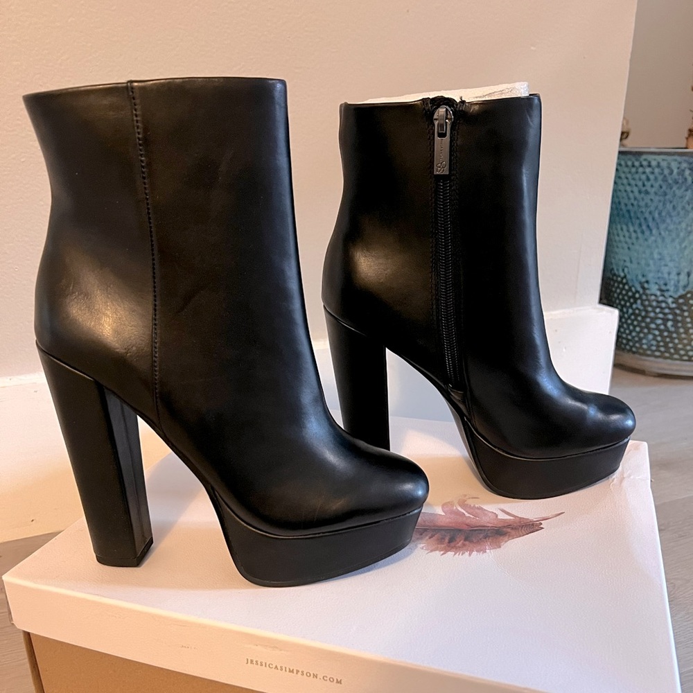 Jessica Simpson Seville Black Silky Shiny Leather Heel Boots with Side Zipper.